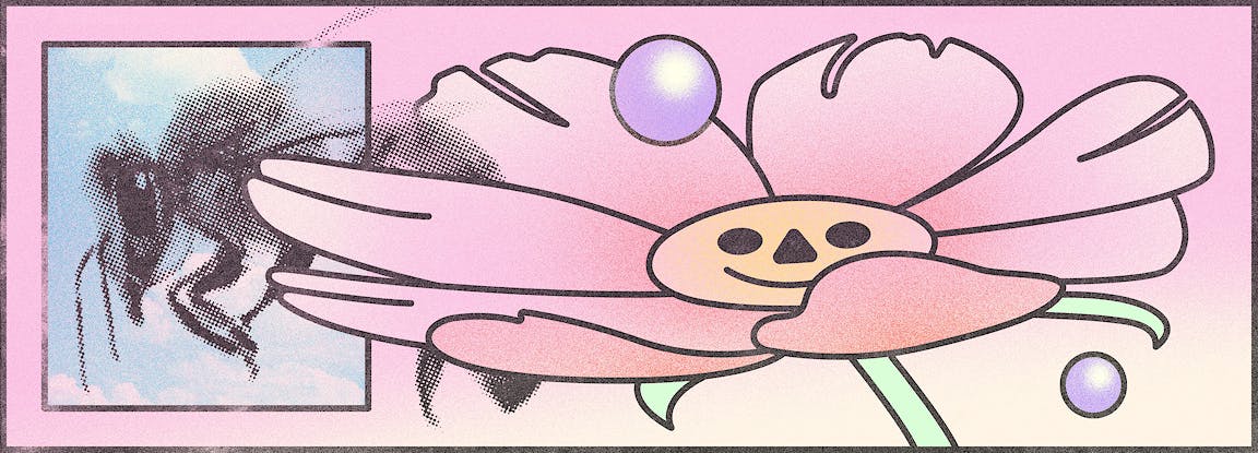 An illustration of a flower with a face and a bee.